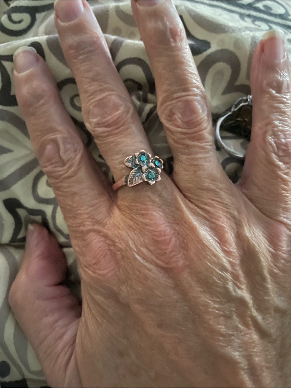Copper Floral Ring with Turquoise Accents - Women's Jewelry